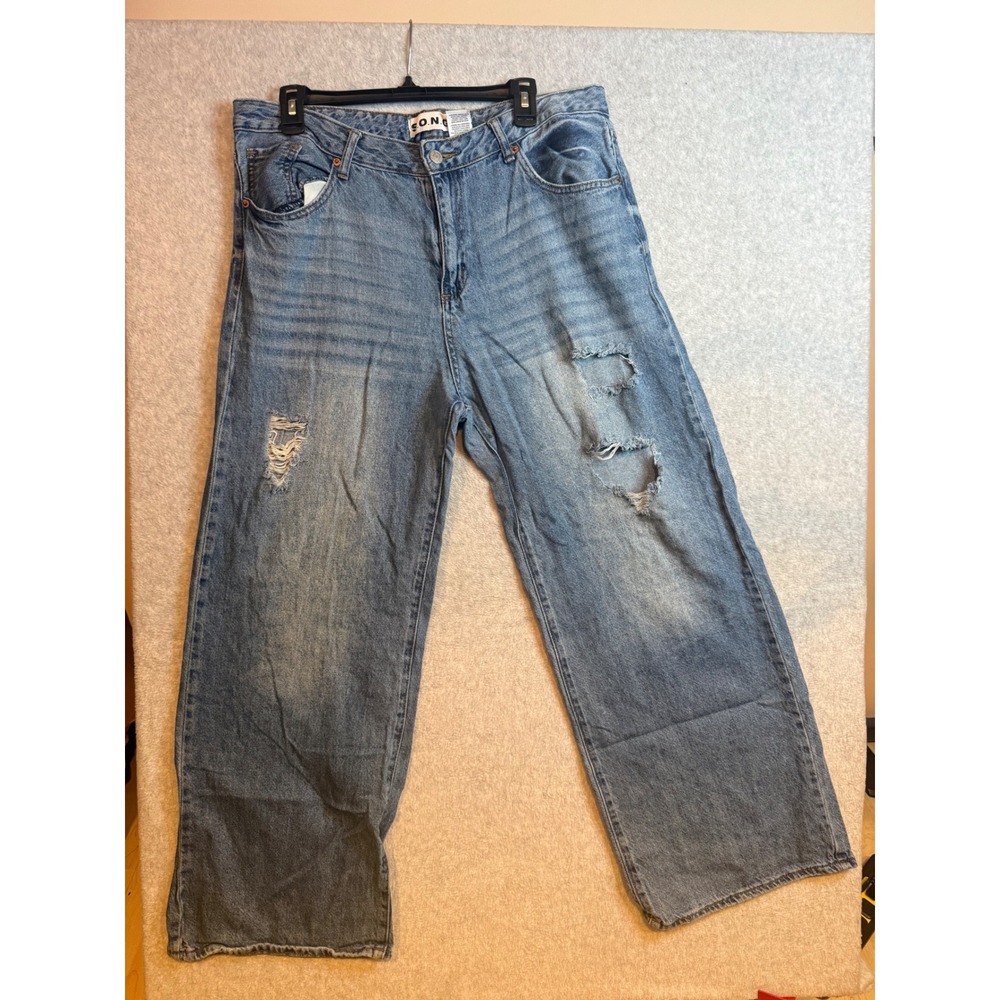 SONG Wide Leg Distressed Jeans Womens 13/31 Baggy Ripped Denim Medium Wash
